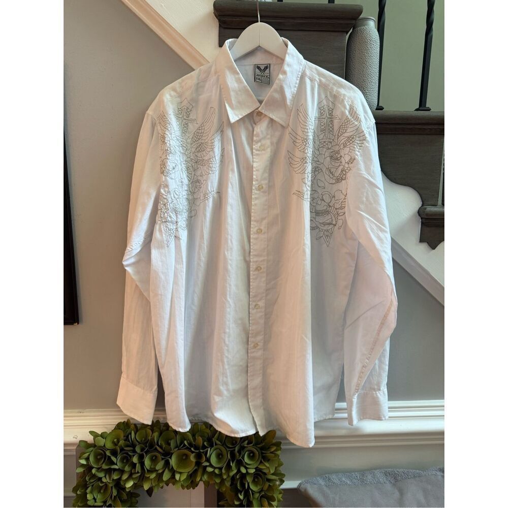 Avirex White Embroidered Button Up Shirt sz XXL EUC